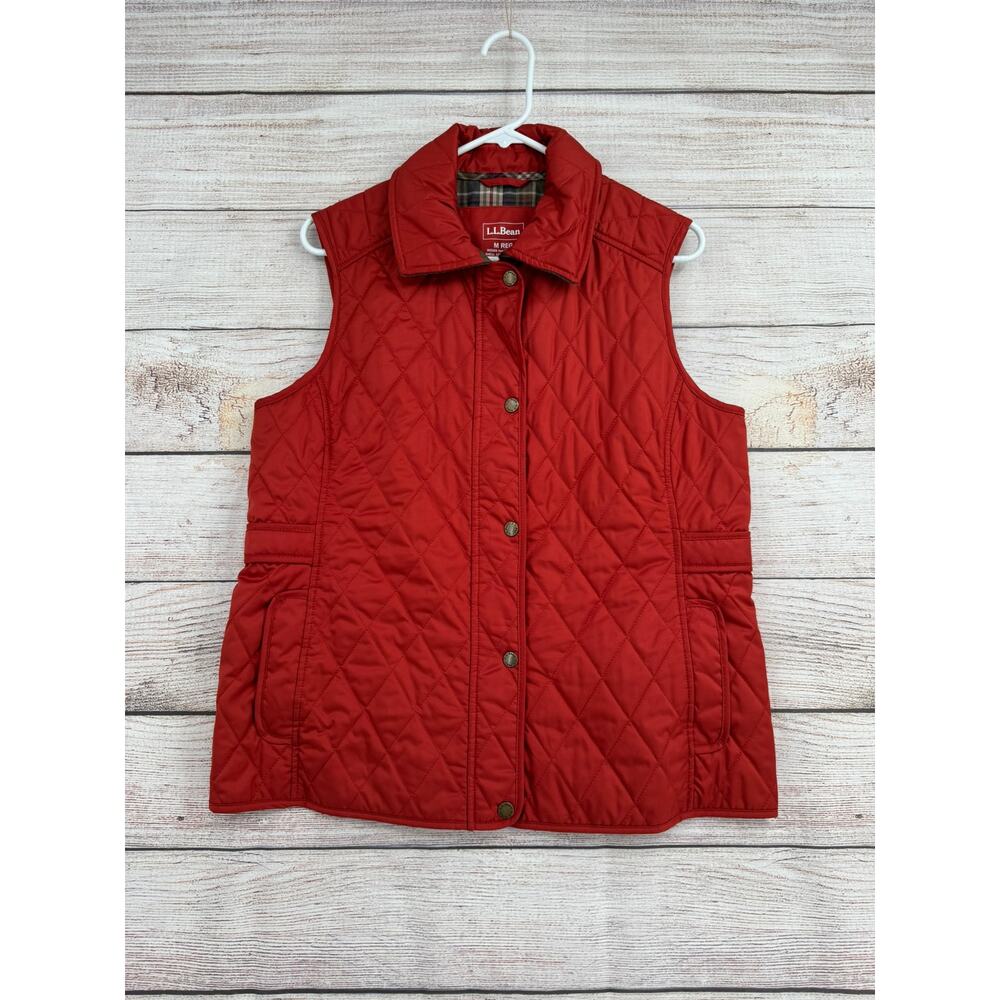 LL Bean Quilted Full Zip Vest Womens Medium Rust Brown Plaid Lined Cord Collar - Picture 1 of 10